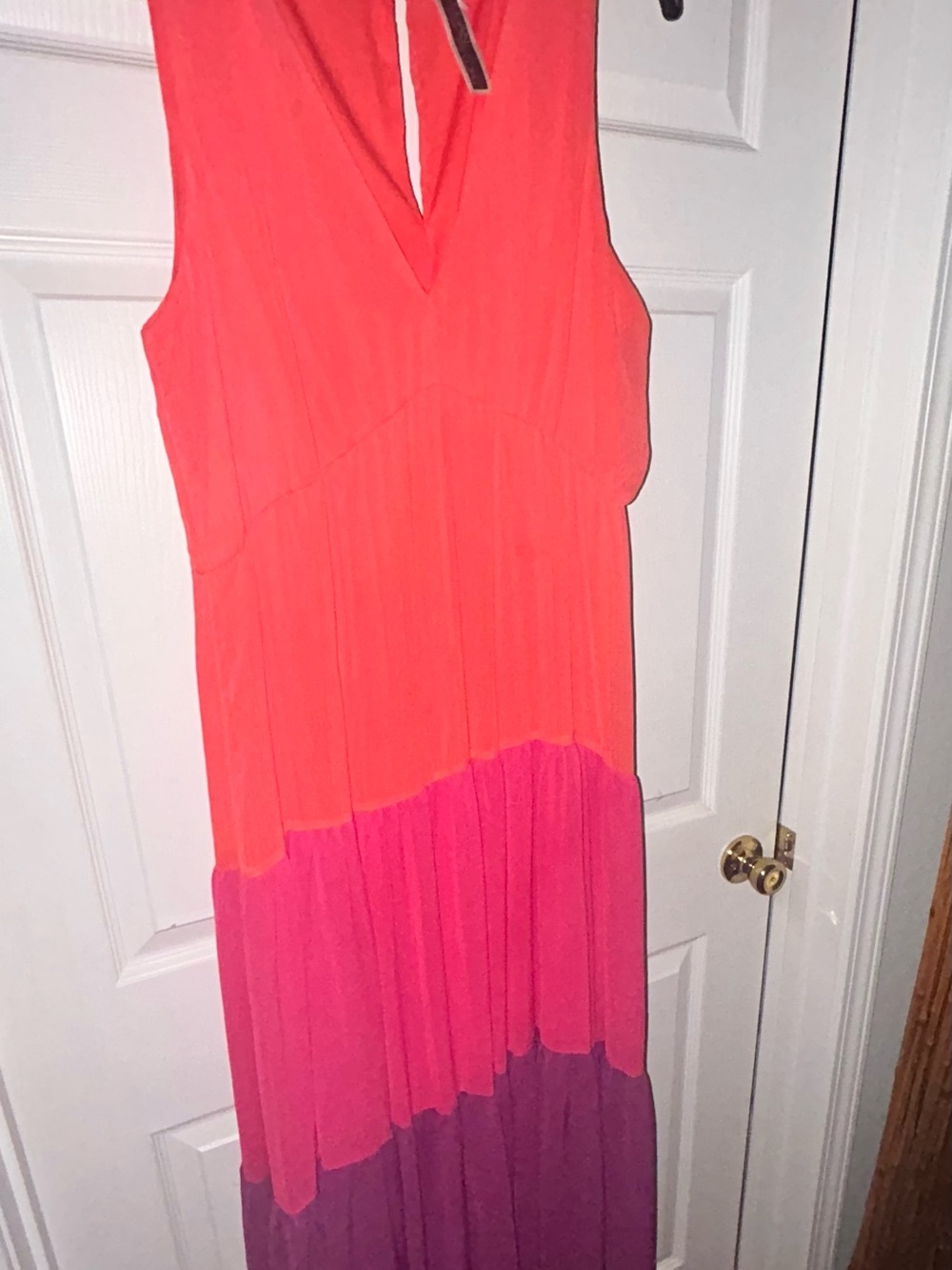 Julian Taylor Coral, Pink & Purple Tiered Maxi Dress